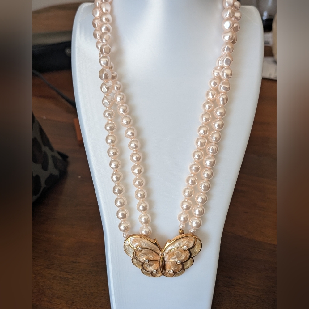 HTF Vintage K.J.L. Butterfly Enamel & Pearl Statement Necklace